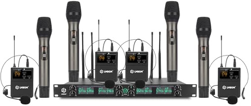 LMBGM K-25R Wireless Microphone System, 8-Channel UHF Handheld and bodypack Microphones for Stage Performances, Church DJ Weddings and Karaoke (K-27R 4handheld 4bodypack)