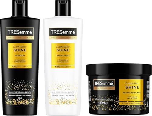 TRESemmé Lamellar Shine Set Cuidado del Cabello, Con Champú, Acondicionador y Mascarilla, Cabello Sedoso y Brillante, Fibra Capilar Reforzada, Con Tecnología Lamellar, 400 ml + 400 ml + 440 ml