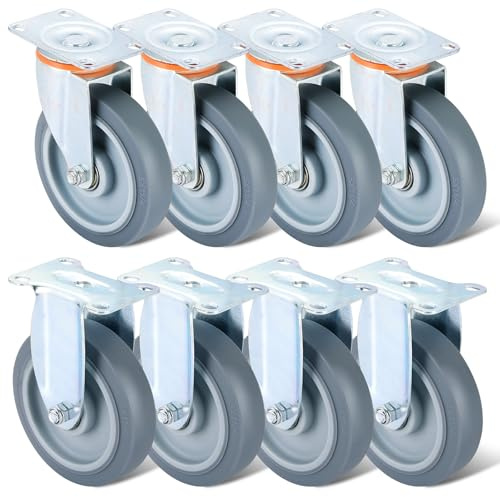 AMGSH 8 Pack 5 Inch Caster Replacement Wheel Kit, Includes 4 Swivel & 4 Rigid 5 TPR Caster Wheels, Heavy Duty TPR Rubber Cart Casters, Durable Caster Wheels for Furniture & Cart