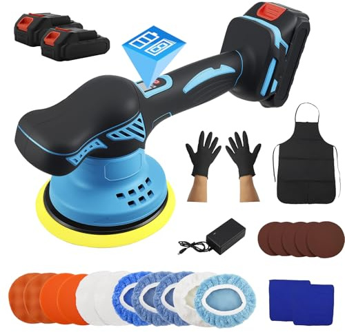 Cordless Car Polisher with 2x21V Rechargeable Battery, Car Buffer Polisher with 8 Variable Speed 2800-5500RPM and 18 PCS Attachments, Portable Dual Action Polisher for Auto Detailing/Polishing/Waxing