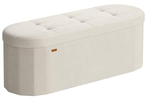 SONGMICS Sitzbank mit Stauraum, Aufbewahrungsbox, Faltbare Fußbank, einfacher Aufbau, für Wohnzimmer, Flur, Schlafzimmer, Samt, 110 L, 38 x 110 x 38 cm, cremeweiß LSF297LH01