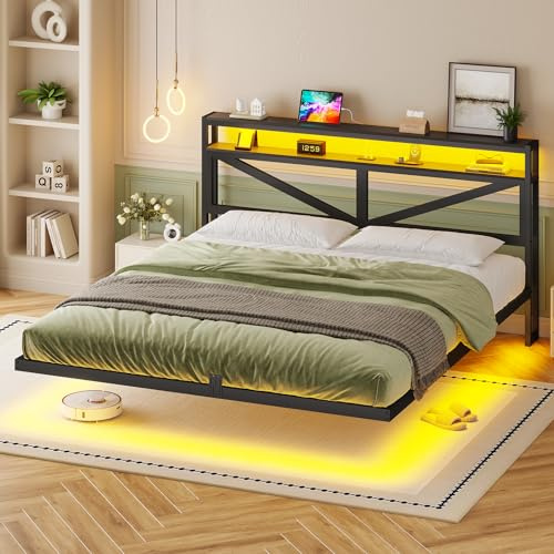 AOGLLATI Letto Matrimoniale 180×200 cm, Struttura Letto con illuminazione a LED e Stazione di Ricarica, Letto in Metallo con Effetto Visivo Fluttuante, per Camera da Letto, Stile Minimalista, Nero
