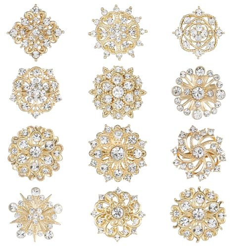 Lot de 12 broches dorées en strass - Petite broche dorée - Pour décoration de costume de Noël - Pour mariée, demoiselle d'honneur, mariage, corsage