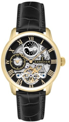 Thomas Earnshaw Herrklocka 44 mm longitud dubbel tid automatisk skelettklocka med 12 timmar dubbel tid, sol och måne display och dekorerad rotor, Blå/svart, ES-8006-05