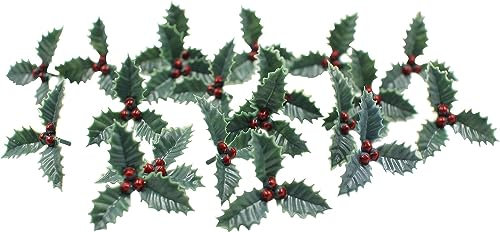 20pcs Christmas Cake Decoration Artificial Holly Berries and Leaves Plastic Small Cupcake Topper Crafts Decor