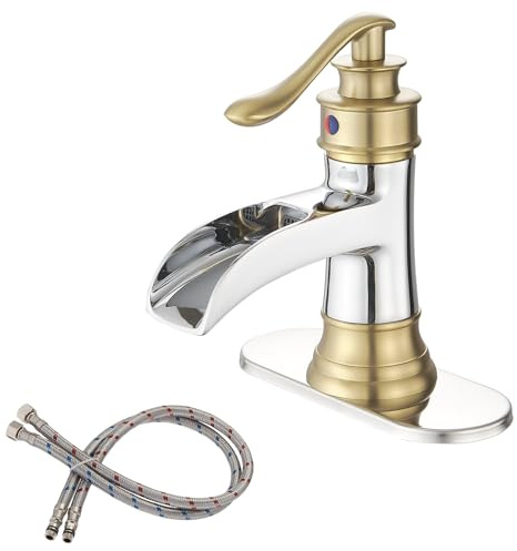 BWE Bathroom Faucet Waterfall Single Handle Chrome and Gold Vanity with Pop Up Drain Stopper with Overflow One Hole Lever Bath Sink Basin Restroom Mixer Tap Commercial Supply Line