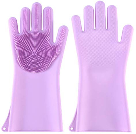 Magic Silicone Dishwashing Gloves Scrubbing Sponge Gloves for Dish, Kitchen, Car, Bathroom, Pet and More,1 Pair (purple)