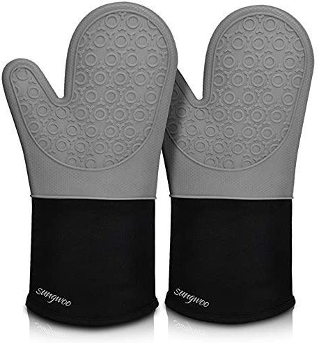 Sungwoo - Guanti da forno in silicone, resistenti al calore, con rivestimento trapuntato, antiscivolo, per barbecue, cottura e grigliate, 1 paio di 40 cm, colore: grigio