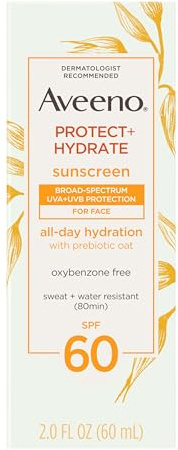 Aveeno Protect + Hydrate Face Sunscreen, SPF 60 Broad Spectrum, for Sensitive Skin, Travel Size, Water Resistant (80 minutes), Paraben, Oxybenzone & Oil Free, 2 fl oz