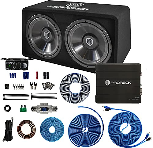 PRORECK PR-122M Complete 1500W Dual 12 Car Subwoofer, Includes Loaded Enclosure with Mono Block Amplifier,Wiring Installation Kit