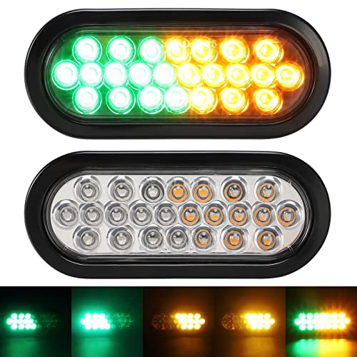 Partsam 2 Pcs 6.5 Inch Oval Amber/Green Strobe Lights 24LED Recessed with With Quad Flash Patterns for Truck Towing Trailer Lights Lamps, Rubber Grommets and 3-prong Wire Pigtails Included, 10V-30V