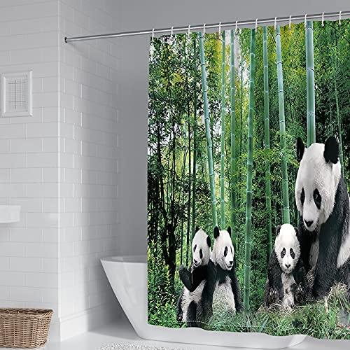Banemi Duschvorhang Textil, Duschvorhang Kinder Negro Blanco Verde Panda y Bambú 165X180cm für Eck Dusche mit 12 Duschvorhangringen