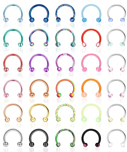YAODCA 30 Stück 16G Hufeisen Septum Ringe Edelstahl Septum Nase Piercing Schmuck Augenbrauen Lippenringe Hoop Knorpel Helix Tragus Ohrring für Damen Herren 8MM 10MM