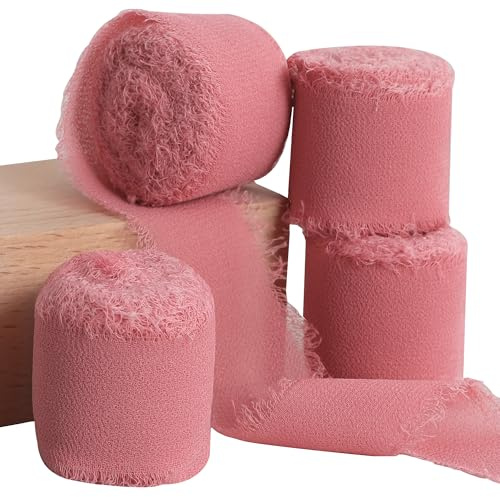 TONIFUL Chiffon-Seidenband, 3,8 cm, Altrosa, 4 Rollen, 3,8 cm, handgefertigt, Fransen, Chiffon-Bänder-Set für Hochzeitseinladungen, Brautsträuße, Geschenkverpackungen, Bastelarbeiten, Altrosa, 22 m,