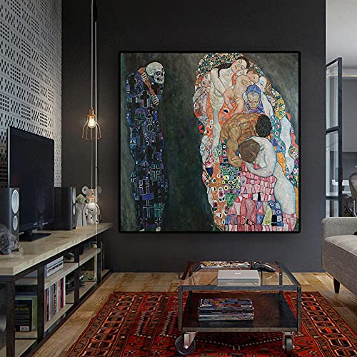 Gustav Klimt Tod und Leben Reproduktion Gemälde auf Leinwand Skandinavische Kunst Poster Drucke Wandbild für Wohnzimmer 30 x 30 cm (12 x 12 Zoll) Goldener Rahmen