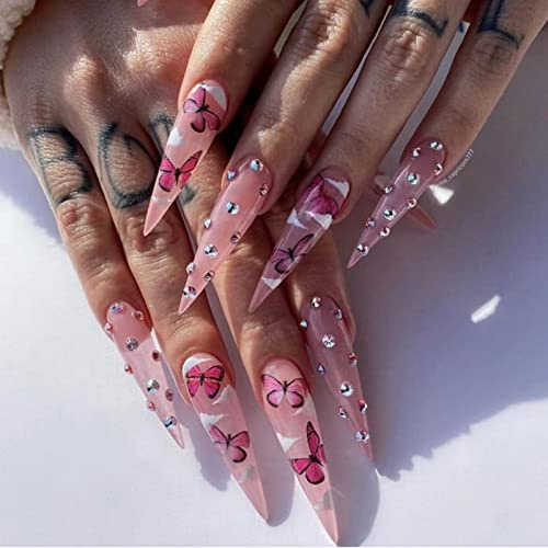 JUSTOTRY 24 Stück Stiletto Schmetterling Nägel Zum Aufkleben Lang,Pink French Künstliche Nägel,Cloud Mandel Kunstnägel Press on Nails,Pretty Fingernägel Fake Nails für Frauen