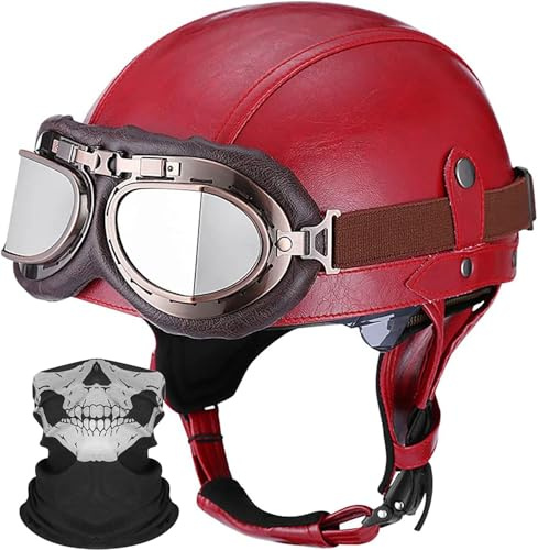 Deutschen Retro Motorrad PU Leder Helm Open Face Motorradhelm mit Schutzbrille ECE-Zulassung Motorradkreuzer-Rollerhelm im Scooter Mofa-Helm Vintage Jethelm für Herren Damen Red,L