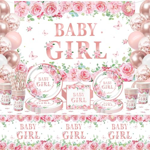 Inspireyee 167 PCS Baby Shower Decorations Girl Gender Reveal Party Supplies Babygirl Tableware Set - Plate, Napkins, Backdrop, Balloons Rose Gold Floral Serves 20