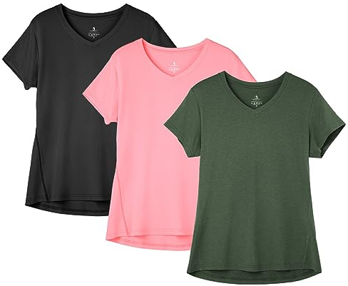 icyzone Damen Sport T-Shirt Kurzarm V-Ausschnitt Laufshirt Atmungsaktive Fitness Gym Funktions Shirt