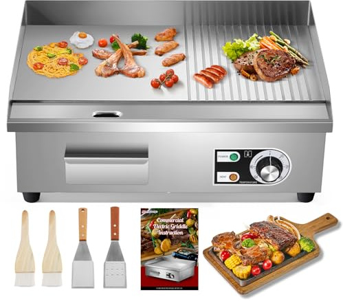 Moogiantgo Electric Griddle 22 Stainless Steel Teppanyaki Grill, Commercial Nonstick Table Top Grill for Pancake Barbecue, Large Half-Flat Cooking Plate with Adjustable Temperature & Drip Tray,1600W