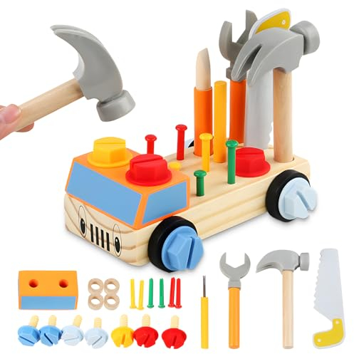 JSYPBOVT Werkbank Kinder ab 3 Jahre, Hölzern Werkbank Montessori Spielzeug Geschenk Junge Mädchen, Lernspiele Werkzeug Kinder ab 3 4 5 Jahre