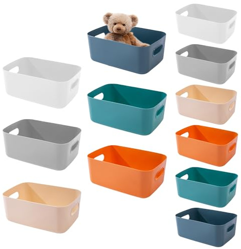 wintfarm 12 cestas de almacenamiento de plástico, cajas de almacenamiento para el hogar, cajas de almacenamiento con asa para estantes, cajones, armario de lavandería, varios 6 colores, 2 tamaños para