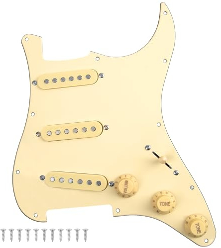 Yootones 11-Hole 3-Ply SSS Prewired Loaded Pickguard w/Single Coil Pickups Compatible with USA/Mexico Stratocaster Squier Electric Guitar (3Ply Cream)