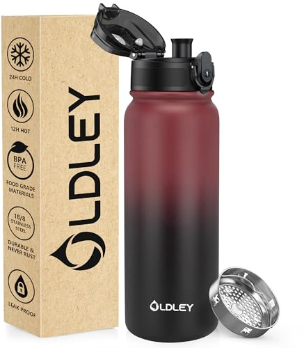 OLDLEY 600ml/20oz Edelstahl-Wasserflasche, Doppelwandige Vakuumflasche, Hält Getränke Heiß und Kalt, Auslaufsicher, BPA-frei, Metallisolierte Wasserflasche für Sport, Arbeit, Outdoor, Wandern
