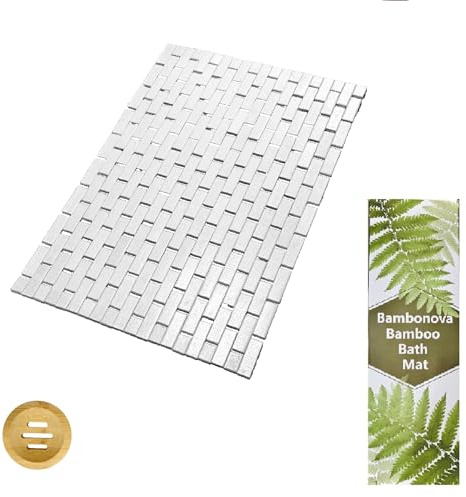 Bambonova Bamboo Bath Mat 24 x 16 Inches and Soap Dish Set Bathroom Rugs Non Slip Washable Bamboo Shower Mat Bathtub Mat Non Slip for Kitchen Sauna Spa Hot Tub Outdoor Bathroom Decor - White