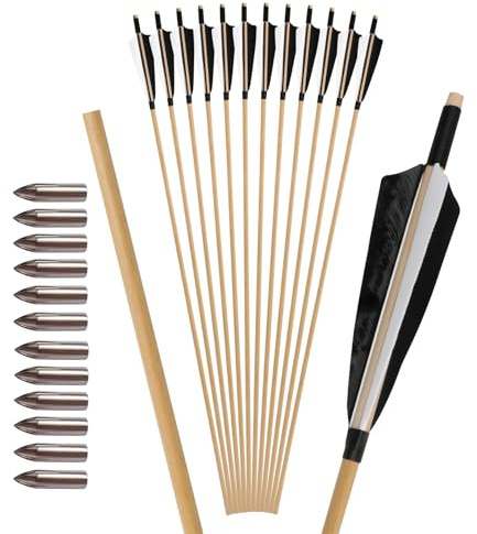 6/12Pcs 5 Zoll Schilde Türkei Feder Holzpfeil Durchmesser 8mm Holz Jagd Ziel Praxis Pfeil (6, schwarz+Pfeilspitzen)