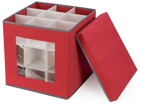 Highdi Weihnachtskugeln Aufbewahrung mit Verstellbaren Trennwänden, 64 Fächer Aufbewahrungsbox für Christbaumschmuck Faltbar mit Deckel Behälter für Urlaub und Zubehör (33x33x33cm,Rot Grau)