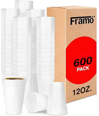 Framo 12 Oz Foam Cups (600 Pack) Lightweight Insulated Foam Cups for Coffee, Cold Drinks & Other Hot Beverages - Disposable Drinking Cups for Parties, Picnic, BBQ, Travel, & Events, Clear