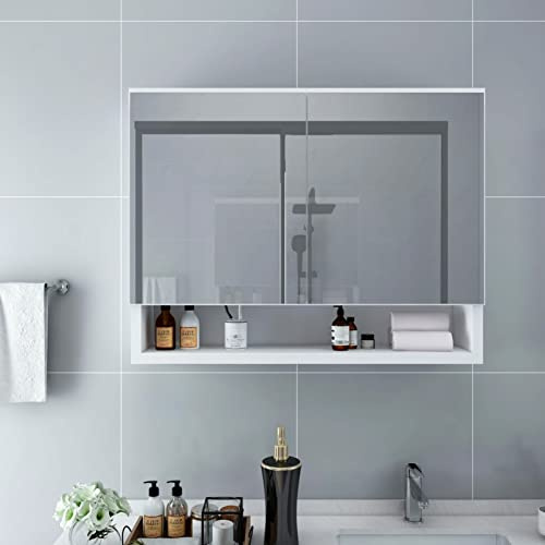 ShCuShan Spegelskåp med LED Vit 80 x 15 x 60 cm av MDF, badrumsskåp med ljus spegelbehållare med LED-belysning förvaring