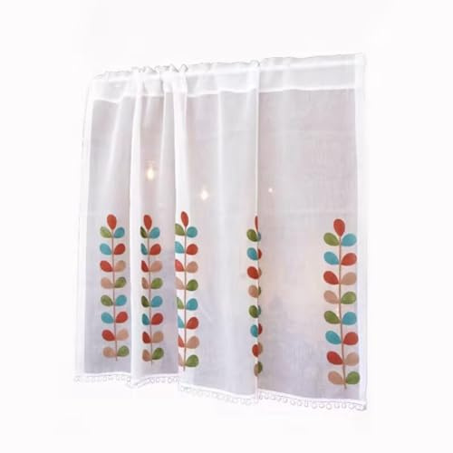 Rockreyoa Net Curtain, Elegant Short Curtains, Bistro Curtain with Leaf Pattern and Pom-Pom Valance Curtains, Tab-Top Curtain for Kitchen, Dining Room, Bedroom, Cafe, Small Windows, 60 x 180 cm
