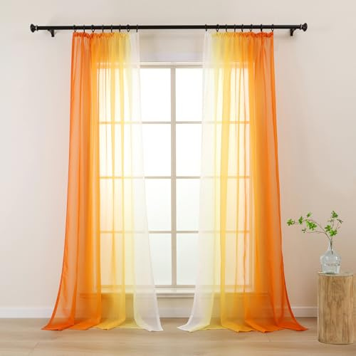 L.Z.E Vorhänge Gardine Farbverlauf mit Kräuselband Vorhang Orange Weiß für Wohnzimmer Kinder Mädchen Schlafzimmer Fenster Transparent 2er Set Voile Gardinen Schal 140 x 175 cm Kurz (LZE2220T-OR175)