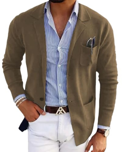 Oanviso Blazer pour Hommes Mode Revers Veste de Costume Un Bouton Travail Veste de Fête Mariage Chic Vintage Blazer Grandes Tailles Soirée Manteau Sportive A Kaki M