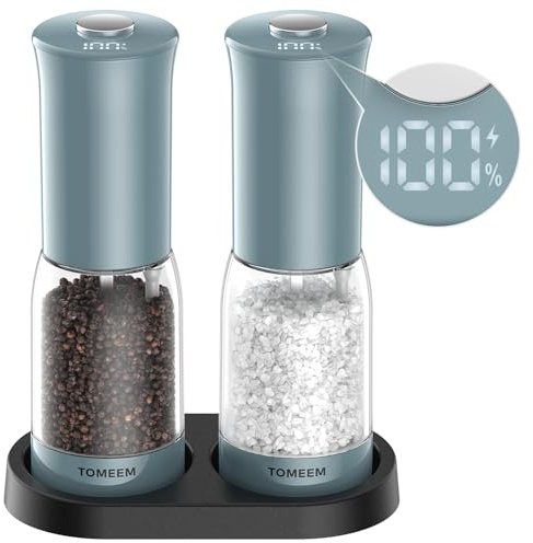 Electric Salt and Pepper Grinder Set with LED Power Display, Larger Capacity Rechargeable Salt and Pepper Set with Storage Base, LED Light, Adjustable Coarseness, Ideal for Kitchen, Blue