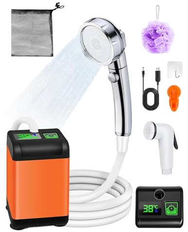 Douche Camping 6000mAh avec Écran LCD, Rapide Portable Douche Portable, Pression Forte 12V Douchette Camping, 3 Modes de Jet, Recharge USB, Idéale pour Camping, Lavage de Chien et Arrosage de Jardin