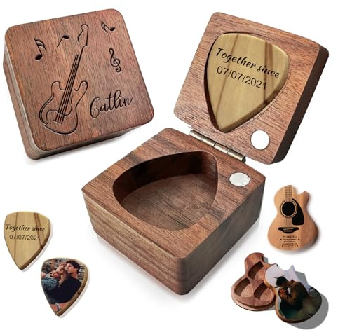 Púa de guitarra personalizada, para guitarra, de madera, para guitarra acústica, caja de púas personalizada, regalos personalizados para él, su novio, amigo, hijo, día de San Valentín, amante de la
