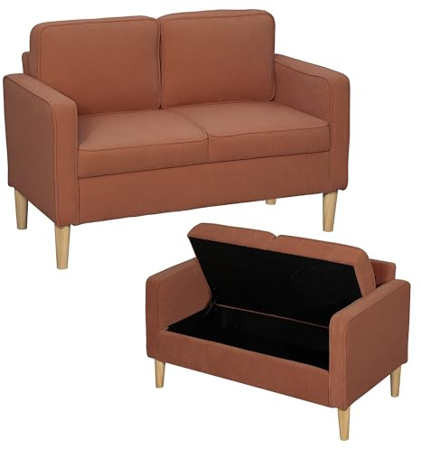 HOMCOM Sofa 2 Sitzer Couch mit 2 Armlehne Stauraum Orange 117x63x79 cm | Kleine Loveseat, Cordoptik, Holzbeine, Modern Polstersofa, für Wohnzimmer, Schlafzimmer, Kleinen Raum
