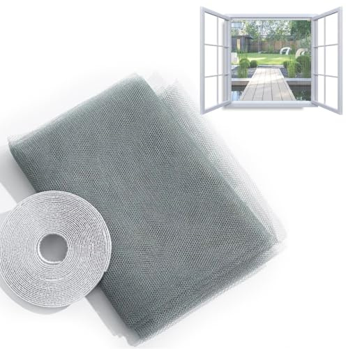 SHSMPXOY Zanzariera per Finestra 150 x 200 cm Protezione Adesiva contro le Zanzare Fissa con Nastro Adesivo Rete Molto Resistente Rete Zanzariera per Finestre (Grigio)
