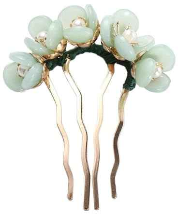 Grüne Haarnadel, chinesischer Stil, Vintage-, U-förmig, Gabel, Stäbchen, seitlich, 4-Zinken, Haarknoten, Haarschmuck, Haarstylingnadeln