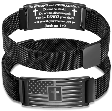 DouDiner Cross American Flag Bracelet for Men,Stainless Steel Bible Verse Bracelets Mens Jewelry Gift, 2025 Graduation Gifts for Men Him Dad(Flag Cross-Joshua 1:9,Black)