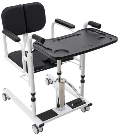 Hydraulic Patient Lift Transfer Chair for Home, Multifunctional Bedside Commode Wheelchair, 180°Split Seat, 150KG Capacity, Black, White