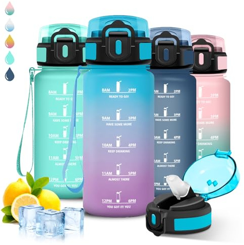 Grsta Gourde- 500ml Enfant, Gourde Paille, Anti Fuite, Graduée pour 1 Journee, avec Marqueur de Temps, Reutilisable, Facile à Nettoyer, Bouteille d'eau pour Camping, Bureau, Voyage