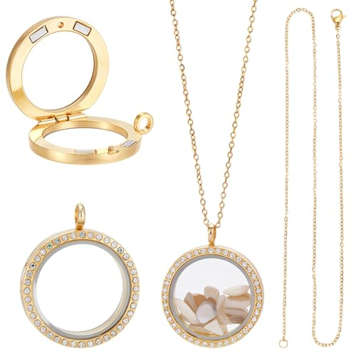 UNICRAFTALE 2 Set Glasmedaillon Foto Anhänger Goldenen Strasssteinen Edelstahl Kristallen Memory Medaillon Foto Anhänger Halsketten Bilderrahmen Für Halsketten Schmuckherstellung 30.5mm