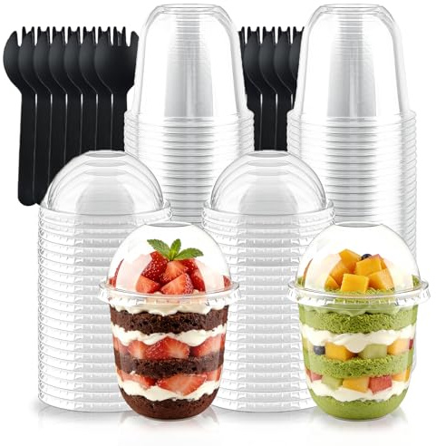 50Pcs 12 oz Dessert Cups with Dome Lids,Reusable Circular Parfait Cups | with Lids and Spoons Round Dessert Cups Set,for Desserts Pudding Mousse Ice Cream Cheesecake