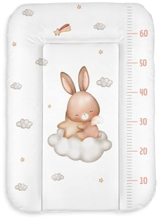 Colchón cambiador bebé 50x70 cm blanco con conejo – cambiador para cómoda impermeable y lavable – colchoneta cambiador bebé con superficie fácil de limpiar