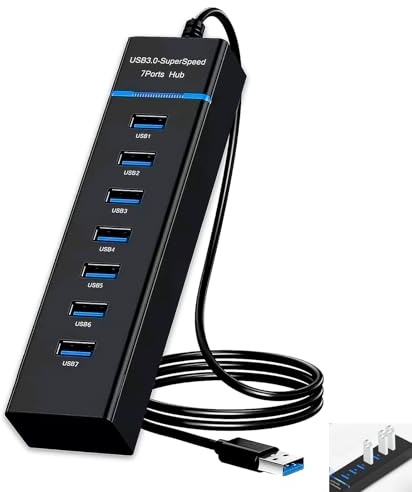 7 Port USB 3.0 Hub with 1.2m Long Cable, 5Gbps High Speed USB 3.0 Hub for Laptop and PC, Expansion Splitter for Connecting Keyboard Mouse Hard Drive Printer, Compatible With All USB3.0 Port Devices