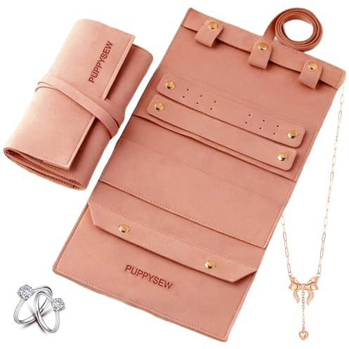 EnixwH 34 × 17 CM Plegable Joyero de Viaje Joyeros Mujer Organizador | Joyeros Grandes Caja Joyas de Viaje Rollo Joyas para Viajes Collares Anillos Pulseras Pendientes (Rosa)